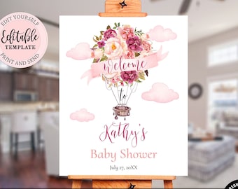 Hot Air Balloon Welcome Sign Girl, Pink Floral Baby Shower Welcome Sign, Editable Any Event Welcome Sign Template, Digital Sign CEP006