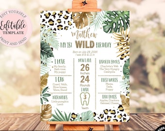 Editable Leopard Print Milestone Birthday Sign Boy, Leopard Print Jungle Birthday Party 1st Birthday Sign, Wild One Stats Poster CEP086