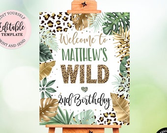 Editable Leopard Print Party Welcome Sign, Boy Wild Child Leopard Print Jungle Welcome Poster, Jungle Birthday Party Welcome Sign CEP086