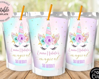 Unicorn Juice Box Label, Editable Unicorn Birthday Party Juice Pouch Label Template Girls, Magical Unicorn Floral Juice Box Label CEP066