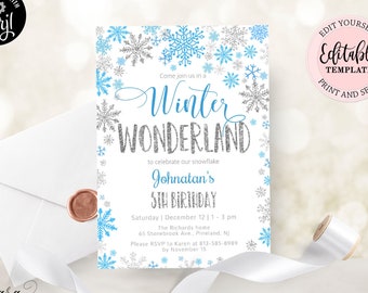 Winter Wonderland Birthday Invitation, Blue Silver Snowflakes Boy Birthday, Editable Wonderland Winter Any Age Invite CEP027