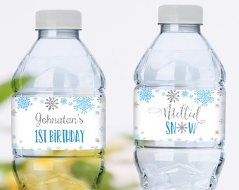 Winter Onederland Water Bottle Label, Melted Snow Water Bottle Label, Blue Silver Snowflakes Winter Wonderland Birthday Bottle Label CEP027