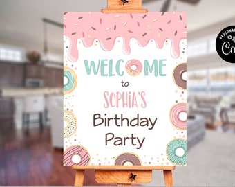 Editable Donuts Birthday Welcome Sign Girl, Blush Pink Doughnuts Birthday Welcome Sign, Mint Pastel Donuts Digital Welcome Sign CEP043