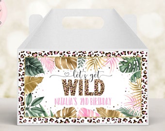 Editable Leopard Print Gable Box Label, Jungle Party Girl Wild Birthday, Zoo Safari Tropical Birthday Gift Box Favor Label CEP086