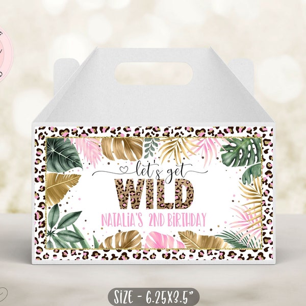 Editable Leopard Print Gable Box Label, Jungle Party Girl Wild Birthday, Zoo Safari Tropical Birthday Gift Box Favor Label CEP086