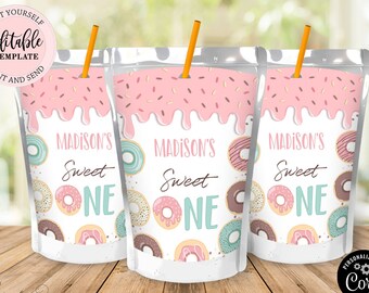 Editable Donut Juice Box Label, Girl Sweet One Birthday Party Juice Pouch Label Template, Pastel Doughnuts Birthday Juice Box Label CEP043