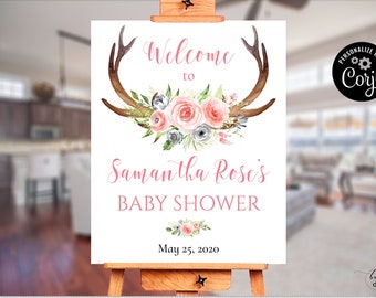 Tribal Baby Shower Welcome Sign Girl, Blush Pink Floral Baby Shower Welcome Sign, Editable Digital Deer Antlers Welcome Sign Template CEP052
