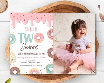 Two Sweet Donut Birthday Invitation with Photo, Blush Pink Mint Doughnuts Invitation Girl, Editable Pastel Donut 2nd Birthday Invite CEP043