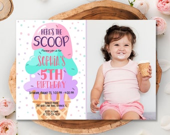 Editable Ice Cream Birthday Photo Invitation Girl, Here's the Scoop Birthday Invite, Pink Purple Mint Ice Cream Any Age Invitation CEP060