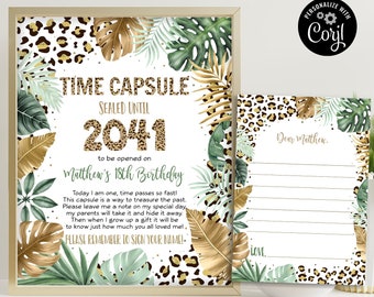 Editable Safari Leopard Print Time Capsule Sign and Card, Boy Jungle Time Capsule Wild One 1st Birthday Sign, Gold Leopard Print CEP086