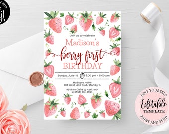 Editable Strawberry Invitation, Berry First Birthday Invite Template, Girl 1st Birthday Berry Sweet Strawberries Birthday Invite CEP075