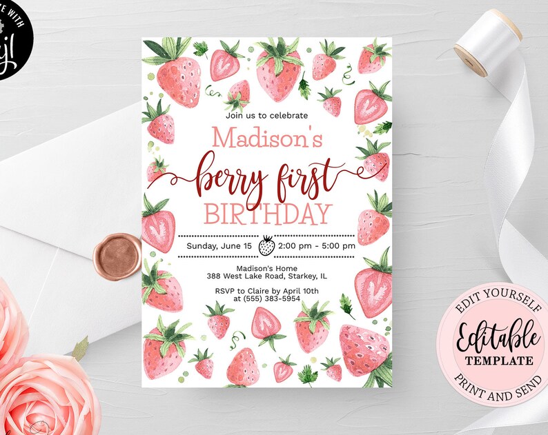 Editable Strawberry Invitation Berry First Birthday Invite Template Girl 1st Birthday Berry Sweet Strawberries Birthday