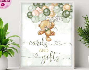 Teddy Bear Cards & Gifts Sign, Green Gold Balloons Cards and Gifts Table Sign, Printable Boy Baby Sign, Boy Teddy Bear Sign CEP078