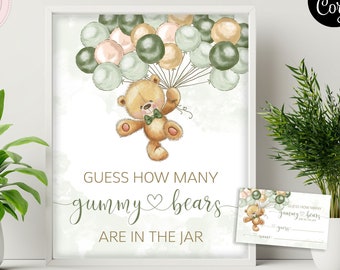 Editable Teddy Bear Sign and Card, Guess How Many Gummy Bears Baby Shower Sign, Boy Green Gold Balloons Gummy Bears Sign  CEP078