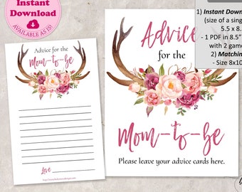 Advice for Mom to Be, Deer Antlers Baby Shower Card, Pink Floral Baby Shower Game, Fun Baby Shower Games, Advice for New Mom Card CEP034