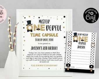 Mr Onederful Time Capsule Sign and Note Card, Mister Onederful Time Capsule 1st Birthday Sign, Editable Boy Birthday Time Capsule  CEP164