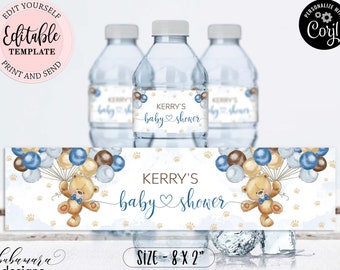 Editable Teddy Bear Water Bottle Label, Blue Brown Balloons Bear Water Bottle Labels Template, Boy Baby Shower Bottle Label CEP078