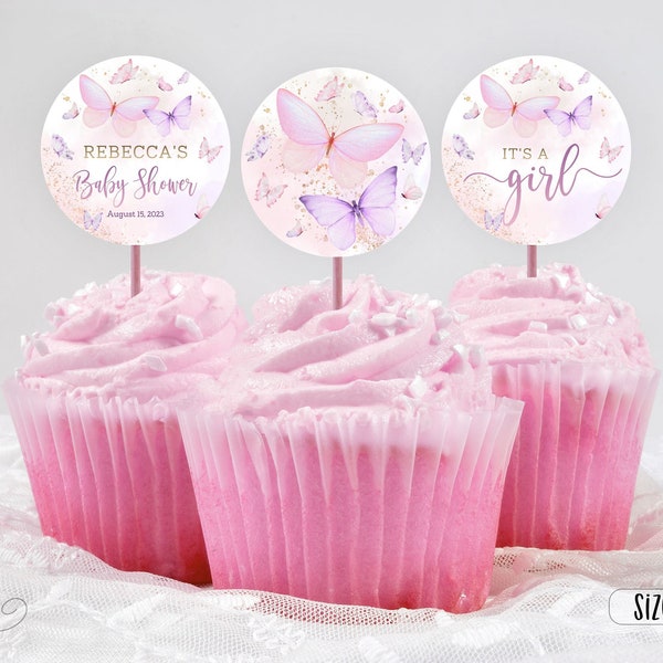 Editable Butterflies Cupcake Toppers, Little Butterfly 2 inch Round Cake Toppers, Pink Purple Gold Butterflies Girl Baby Shower CEP087