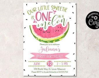 Watermelon 1st Birthday Invitation Girl, One in a Melon Birthday Party Invitation, Summer First Birthday Invitation Editable Template CEP137