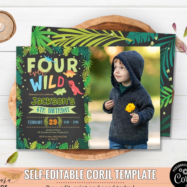 Editable Four Ever Wild Dinosaur Birthday Invitation Photo, Chalkboard Dinosaur Party Birthday Invite, Dinosaur Boy 4th Birthday CEP037