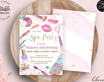 Editable Spa Party Birthday Invitation, Glam Makeup Birthday Invite, Tween Spa Party Girl Birthday Invite, Pink Purple Gold CEP079