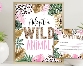 Adopt a Wild Animal Birthday Sign Girl, Safari Table Sign, Printable Leopard Adoption Certificate, Wild Zoo Party Jungle Sign CEP086