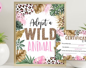 Adopt a Wild Animal Birthday Sign Girl, Safari Table Sign, Printable Leopard Adoption Certificate, Wild Zoo Party Jungle Sign CEP086