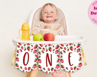 Red Strawberry 1st Birthday High Chair Banner, Berry First Birthday High Chair Banner, Berry Sweet Strawberries ONE High Chair Banner CEP075