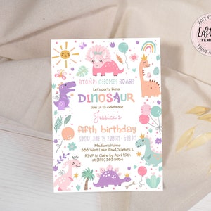 Editable Dinosaur Birthday Invitation, Pastel Dinosaur Party Invite, Pink Purple Mint Dinosaur Party Invite, Girl Safari Dino Invite CEP102