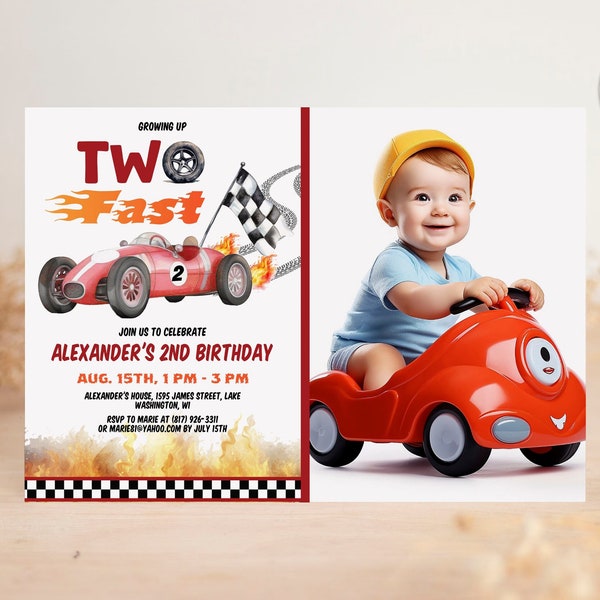 Editable Two Fast Race Car 2nd Birthday Invitation Photo, Red Racing Car Second Birthday Invitation, Boy Driver Invite CEP098