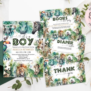 Editable Safari It's a Boy Baby Shower Invitation Set, Jungle Baby Shower Bundle, Safari Tiger Zebra Animals Print Baby Shower Invite CEP083