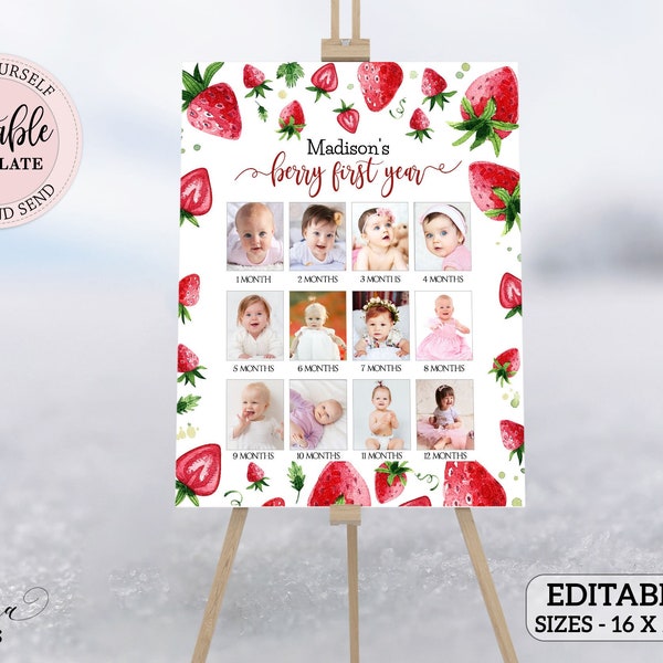 Editable Strawberry First 12 Months Photo Collage, Girl First Year Poster Sign, Berry First Birthday Year in Pictures Poster CEP075