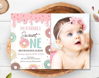 Sweet One Donut Birthday Invitation with Photo, Blush Pink Mint Doughnuts Invitation Girl, Editable Pastel Donut 1st Birthday Invite CEP043