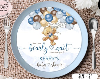 Editable Bear Balloons Charger Plate Insert, Teddy Bear Charger Plate Insert, Boy Baby Shower Blue Brown Baloons We Can Bearly Wait CEP078