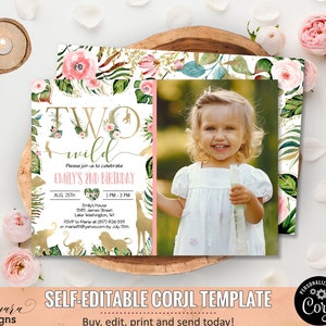 Editable Safari Two Wild Birthday Invitation Photo, Pink Floral Jungle Animals 2nd Birthday Invitation Girl Zoo Party Birthday Invite CEP038