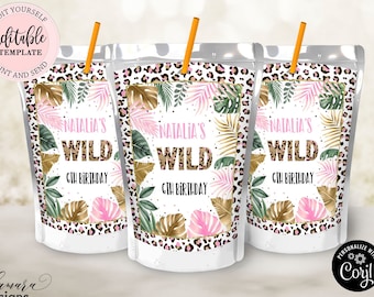 Editable Wild Juice Box Label, Leopard Print Birthday Party Juice Pouch Label Template, Girl Safari Jungle Party Juice Box Label CEP086