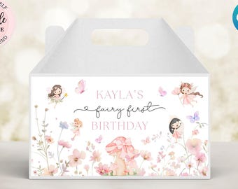Editable Fairy Gable Box Label, Enchanted Garden Party Birthday, First Birthday Gift Box Favor Label BD001