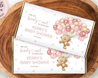 Editable Bear Balloons Chocolate Bar Wrapper, Teddy Bear Candy Bar Wrapper, Girl Baby Shower Pink Blush Baloons We Can Bearly Wait CEP078