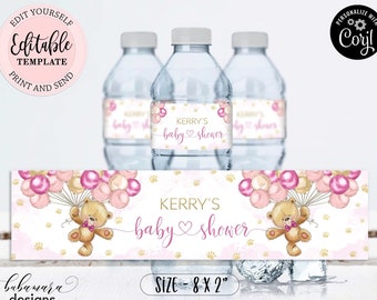 Editable Teddy Bear Water Bottle Label, Pink Gold Balloons Bear Water Bottle Labels Template, Girl Baby Shower Bottle Label CEP078