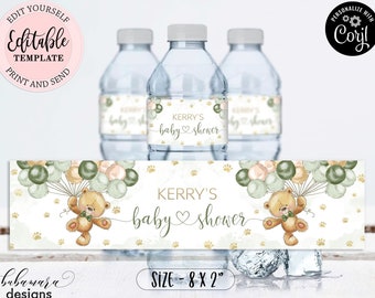 Editable Teddy Bear Water Bottle Label, Green Gold Balloons Bear Water Bottle Labels Template, Boy Baby Shower Bottle Label CEP078