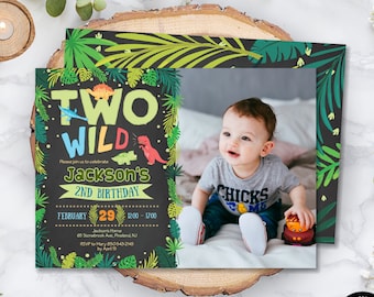 Editable Two Wild Dinosaur Birthday Invitation with Photo, Chalkboard Dinosaur Party Birthday Invite, Dinosaurs Boys 2nd Birthday CEP037