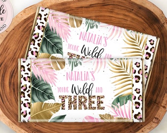 Editable Young Wild & Three Chocolate Bar Wrapper, Leopard Print Candy Bar Wrapper, Girl Jungle 3rd Birthday Party Chocolate Wrapper CEP086
