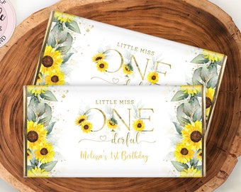 Editable Sunflowers Onederful Chocolate Bar Wrapper, Floral Candy Bar Wrapper, Girl Little Miss Onederful 1st Birthday Wrapper CEP143