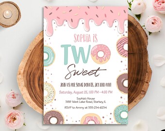 Two Sweet Donut Birthday Invitation Girl, Blush Pink Mint Doughnuts 2nd Birthday Invitation, Editable Second Birthday Party Invite CEP043