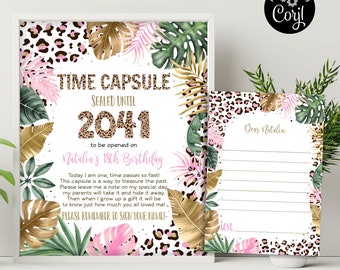 Editable Safari Leopard Print Time Capsule Sign and Card, Girl Jungle Time Capsule Wild One 1st Birthday Sign, Pink Leopard Print CEP086