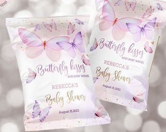 Editable Butterfly Baby Shower Chip Bag, Pink Purple Butterflies Chip Bag, Butterfly Baby Shower Snacks Treats Favor Chip Bag Digital CEP087