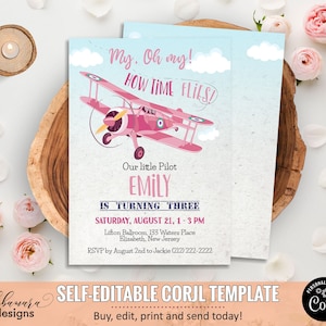 Pink Airplane Birthday Invitation Girl, Editable Plane Birthday Invitation, Girl Pilot Invitation, Blue Sky Biplane Party Invite CEP135 image 1