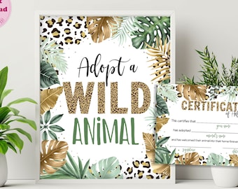 Adopt a Wild Animal Birthday Sign Boy, Safari Table Sign, Printable Leopard Adoption Certificate, Wild Zoo Party Jungle Sign CEP086