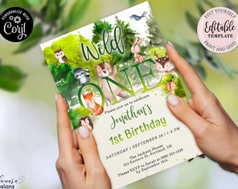 Editable Woodland Wild One Birthday Invitation, Forest Animals Birthday Invitation, Greenery 1st Birthday Invitation Boy or Girl CEP064