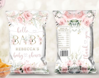 Editable Floral Baby Shower Chip Bag, Blush Pink Floral Chip Bag, Pink Gold Baby Shower Snacks Treats Favor Chip Bag Digital CEP073